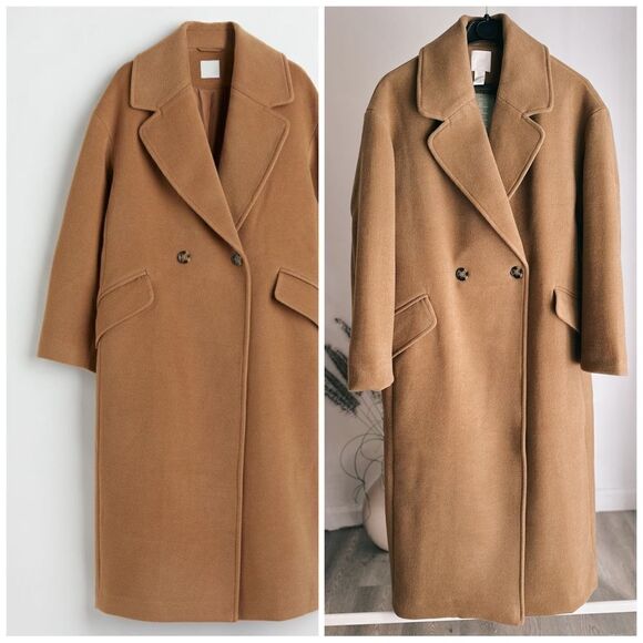 H&M Coat Double-Breasted Dark Beige New - Picture 1 of 6